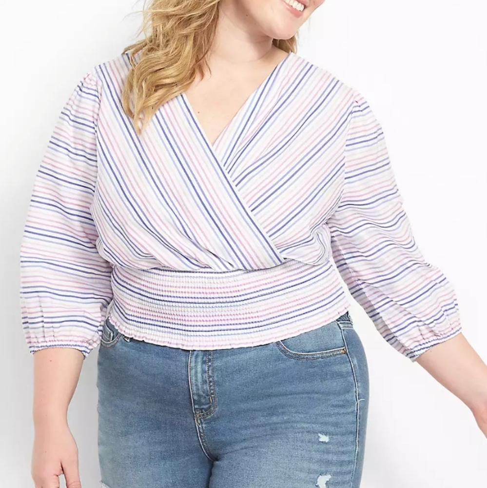 Lane Bryant Steiped Classic 3/4-Sleeve V-Neck Cropped Blouse Size 28